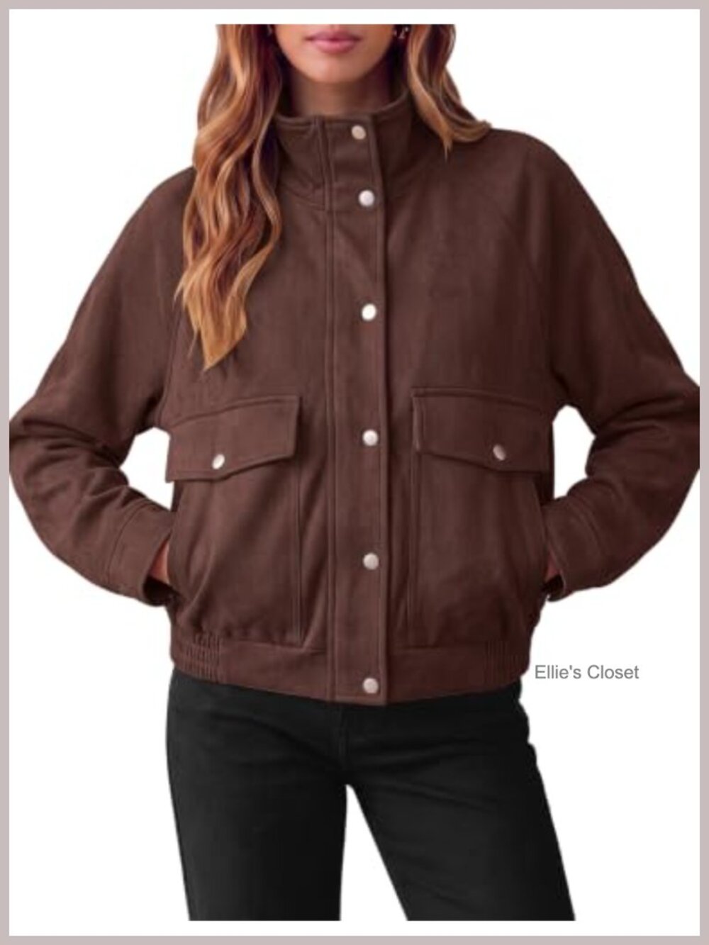 Faux Suede Stand Collar Zip Up Bomber Jacket for Women